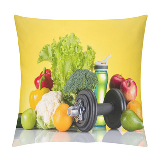 Personality  Close-up View Of Dumbbell, Bottle Of Water And Fresh Fruits And Vegetables On Yellow  Pillow Covers