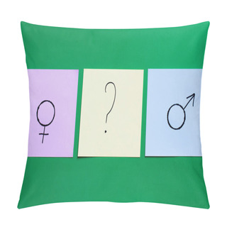 Personality  Top View Of Multicolored Cards With Question Mark Between Gender Signs On Green Background Pillow Covers