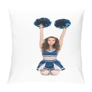 Personality  Cheerleader Girl In Blue Uniform Sitting With Pompoms And Hands In Air On Floor Isolated On White Pillow Covers