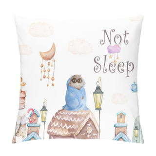 Personality  Cute Watercolor Boho Funny Owls On The House, Cartoon City And Fly Airships Illustration By National American Motifs For Baby Shower, Cards, Flyers, Posters, Prints, Holiday, Clothes, Children Pillow Covers