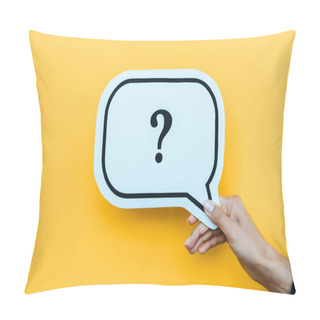 Personality  Cropped View Of Woman Holding Speech Bubble With Question Mark On Orange  Pillow Covers