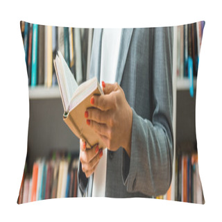Personality  Panoramic Shot Of Woman Holding Book While Standing In Library  Pillow Covers