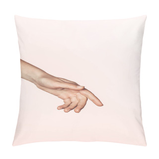 Personality  Cropped Image Of Woman Gesturing By Hand Isolated On Pink Background  Pillow Covers