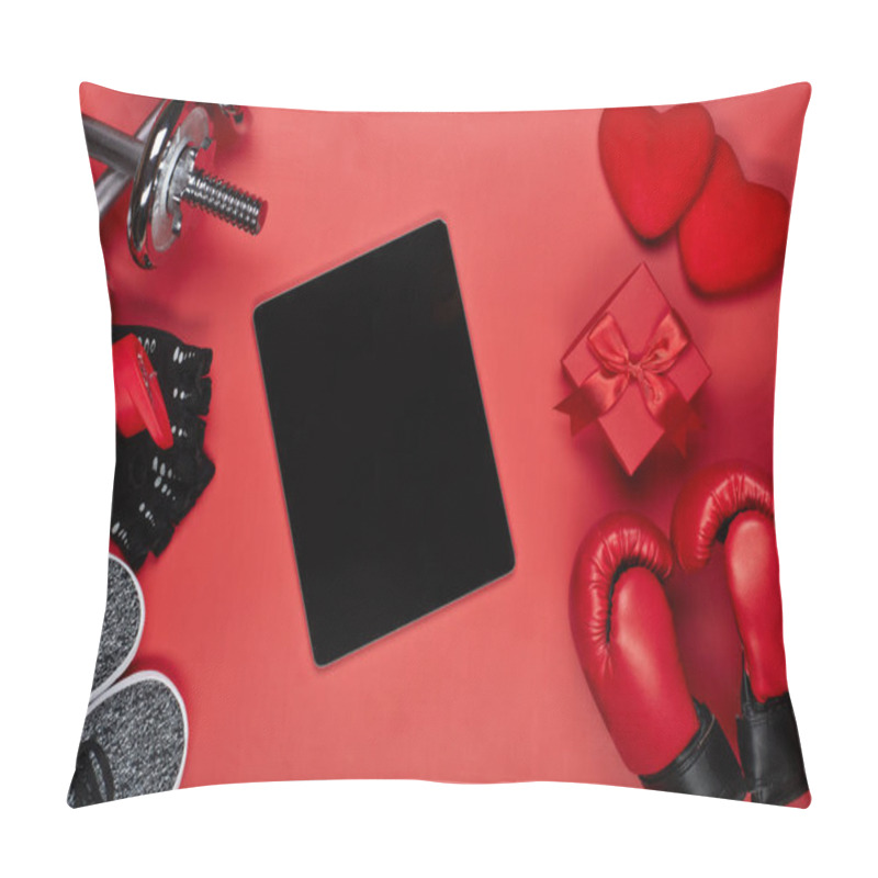 Personality  Dumbbells, Boxing Gloves, Rope, Bottle For Water, Computer Tablet, Gift Box And Two Hearts On Red Background.Top View With Copy Space. Valentine's Day Card. Fitness, Sport, Healthy Lifestyle Concept. Pillow Covers