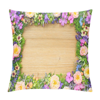 Personality  Frame Of Flowers And Herbs On Wooden Background Pillow Covers
