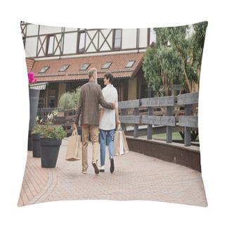 Personality  Back View Of Senior Couple Walking With Shopping Bags, Elderly Man Hugging Woman, Urban Lifestyle Pillow Covers