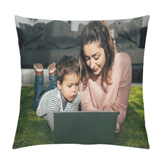 Personality  Smiling Mother And Little Son Laying On Floor With Laptop At Home Pillow Covers
