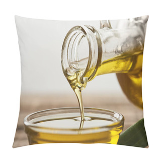 Personality  Pouring Olive Oil From Bottle Into Glass Bowl On Grey Background Pillow Covers