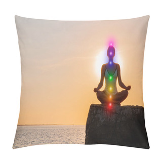 Personality  Woman Is Meditating With Glowing Seven Chakras On Stone At Sunset. Silhouette Of Woman Is Practicing Yoga On The Beach. Pillow Covers