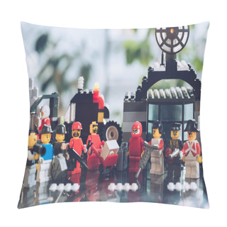 Personality  KYIV, UKRAINE - MARCH 15, 2019: Selective Focus Of Various Lego Characters In Row Pillow Covers