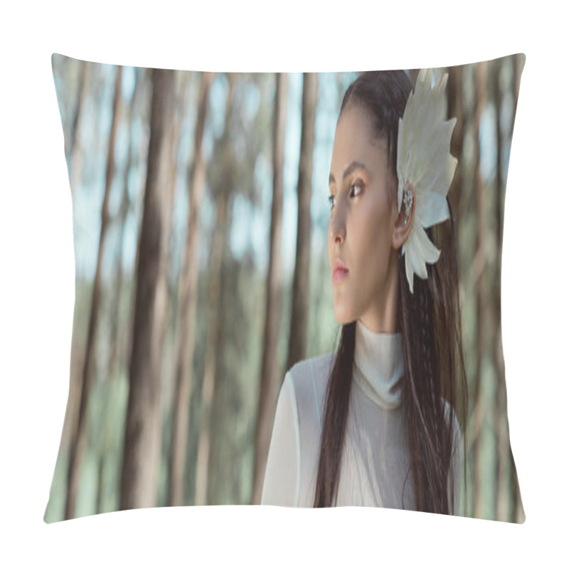 Personality  panoramic view of adult woman in white swan costume standing on forest background, looking away pillow covers