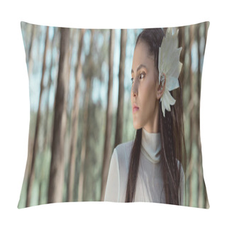 Personality  Panoramic View Of Adult Woman In White Swan Costume Standing On Forest Background, Looking Away Pillow Covers