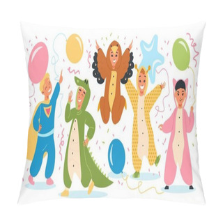 Personality  Kigurumi Pyjama Party Kids Composition Kids In Suits Of Superman Crocodile Bird And Others And Balloons Flying Around Vector Illustration Pillow Covers