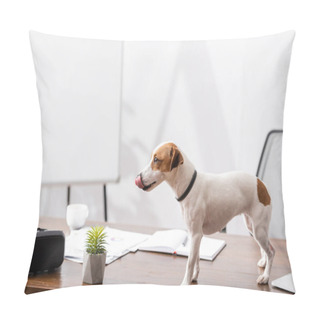 Personality  Jack Russell Terrier Sticking Out Tongue Near Plant And Vr Headset On Office Table  Pillow Covers