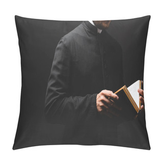 Personality  Partial View Of Bearded Priest Holding Holy Bible In Hands Isolated On Black  Pillow Covers