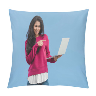 Personality  Skeptical Young African American Woman Pointing At Laptop Isolated On Blue Background  Pillow Covers