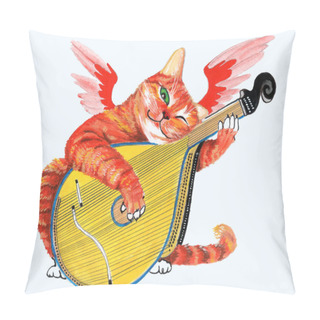 Personality  A Gouache Painting Of An Angel Red Tabby Cat With Red Wings Playing Yellow-and-blue Bandura, A Traditional Ukrainian Instrument Isolated On White Background. Pillow Covers