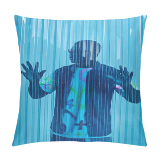 Personality  Stylish Afroamerican Man In Sunglasses, Denim Vest And Colorful T-shirt Touching Blue Polycarbonate Sheet, Fashion Shoot And Street Style Outfit, DIY Clothing, Sustainable Lifestyle  Pillow Covers