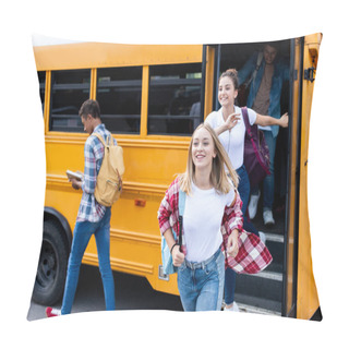 Personality  Happy Multiethnic Teen Scholars Running Out School Bus  Pillow Covers