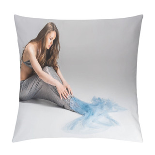 Personality  Attractive Woman With Mermaid Tail Sitting On Floor And Touching Legs Pillow Covers