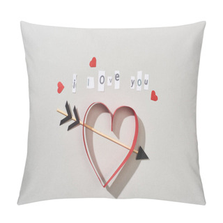 Personality  Top View Of Paper Hearts With Arrow And I Love You Lettering On Grey Background Pillow Covers