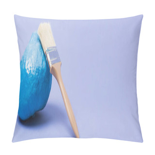 Personality  Panoramic Shot Of Painted Blue Pumpkin With Paint Brush On Violet Background Pillow Covers