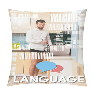Personality  Handsome Man In Shirt And Panties Looking At Laptop While Cooking Breakfast In Kitchen, Language Illustration Pillow Covers