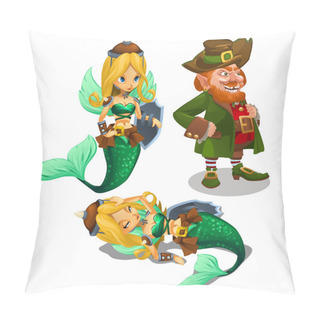 Personality  Two Blonde Mermaids And A Man Leprechaun Pillow Covers