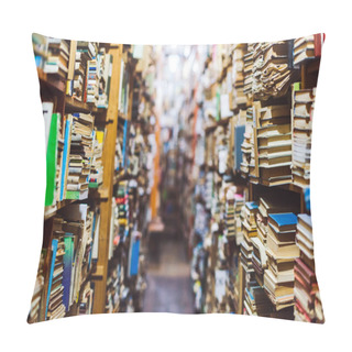 Personality  Selective Focus Of Retro Books On Wooden Shelves In Library  Pillow Covers