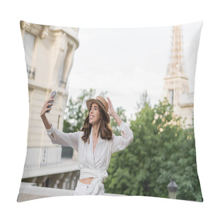 Personality  Positive Traveler In Sun Hat Taking Selfie On Smartphone With Eiffel Tower At Background In France  Pillow Covers