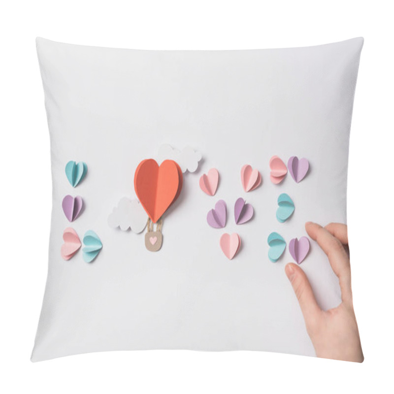 Personality  top view of love lettering made of colorful paper hearts and air balloon with clouds on white background pillow covers