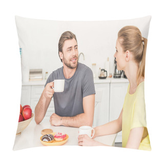 Personality  Young Couple Talking And Having Breakfast At Table With Donuts, Coffee Cups And Apples  Pillow Covers