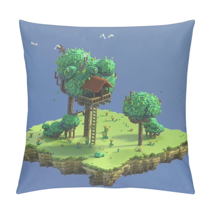 Personality  3d rendering pixel art. Nature scene with ground, grass, bushes, flowers and little tree house. Game background. Isometric summer lawn. Angle view pillow covers