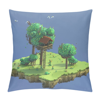 Personality  3d Rendering Pixel Art. Nature Scene With Ground, Grass, Bushes, Flowers And Little Tree House. Game Background. Isometric Summer Lawn. Angle View Pillow Covers