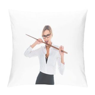 Personality  Teacher In Black Skirt, Blouse With Open Neckline Holding Pointer Isolated On White Pillow Covers