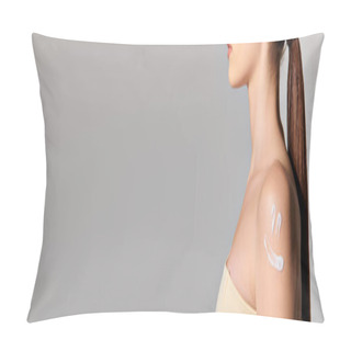 Personality  A Young Woman With Brunette Hair Sporting A Ponytail Adorned With An Abundance Of Cream On Her Shoulder. Pillow Covers