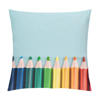 Personality  Top View Of Rainbow Multicolored Pencils Arranged In Horizontal Line On Blue Background, Lgbt Concept Pillow Covers