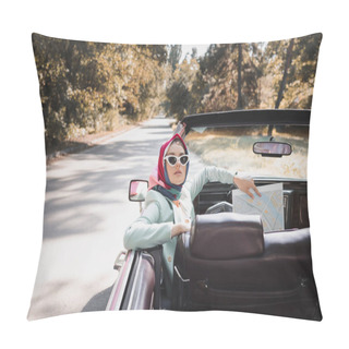 Personality  Woman In Sunglasses And Headscarf Holding Map In Vintage Car  Pillow Covers
