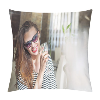 Personality  Closeup Portrait Of A Young Female Customer Drinking White Wine Pillow Covers