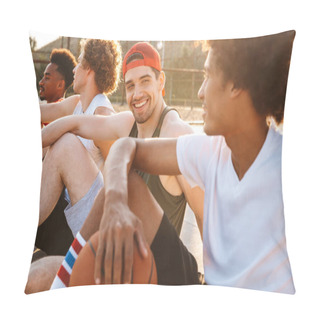 Personality  Group Of Excited Multiethnic Friends Basketball Players Sitting At The Sports Ground, Talking Pillow Covers