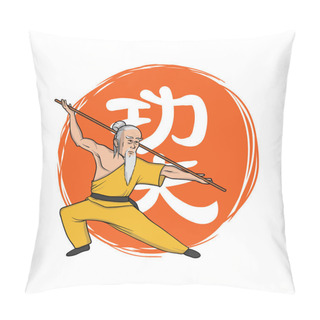 Personality  Shaolin Monk Practicing Kung Fu. Martial Art. Vector Illustration, Isolated On White. Pillow Covers