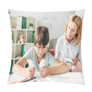 Personality  Irritated Kid With Dyslexia Holding Crumpled Papers And Child Psychologist Talking To Him  Pillow Covers