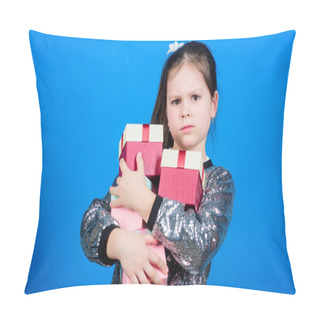 Personality  Only For Me. Special Happens Every Day. Girl With Gift Boxes Blue Background. Black Friday. Shopping Day. Child Carry Lot Gift Boxes. Surprise Gift Box. Birthday Wish List. World Of Happiness Pillow Covers
