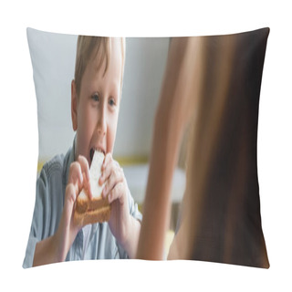 Personality  Boy Eating Sandwich Near Blurred Girl In School Canteen, Banner Pillow Covers