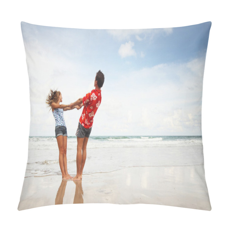 Personality  Young man and woman having fun pillow covers