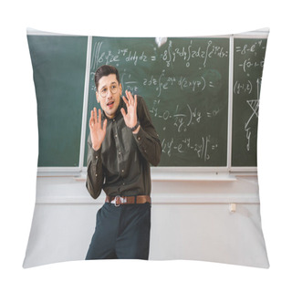 Personality  Crumpled Paper Balls Flying At Frightened Male Teacher In Classroom With Chalkboard On Background Pillow Covers