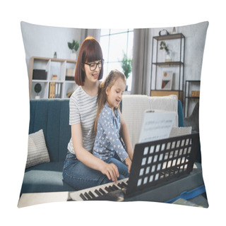 Personality  Portrait Of Caucasian Woman And Her Cute Little Daughter Learning To Play Piano At Home. Teacher Teaching Pretty Girl To Play Piano In Classroom. Pillow Covers