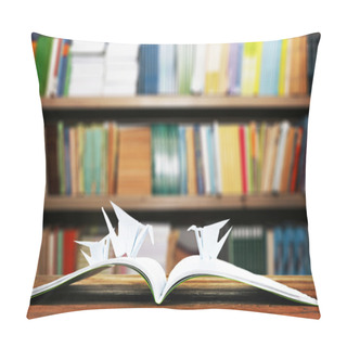 Personality  Open Book With Paper Cranes On Bookshelves Background Pillow Covers