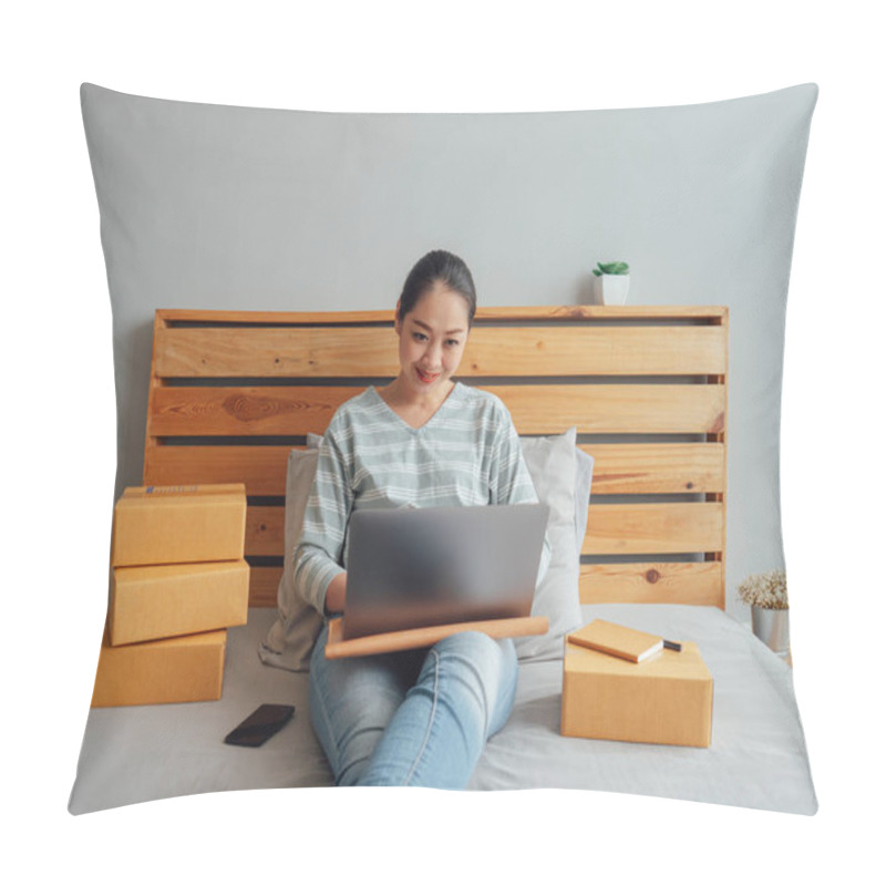 Personality  Woman Is Feeling Happy With Her Online Sales And Services. Conce Pillow Covers