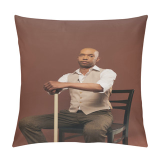 Personality  Inclusion, African American Man With Myasthenia Gravis Syndrome, Sitting On Chair And Leaning On Walking Cane, Looking At Camera, Bold Dark Skinned Man With Chronic Disease On Brown Background Pillow Covers